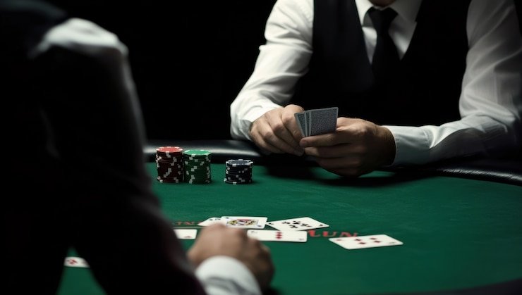 Dealer live casino profesional tengah menjalankan permainan kartu online